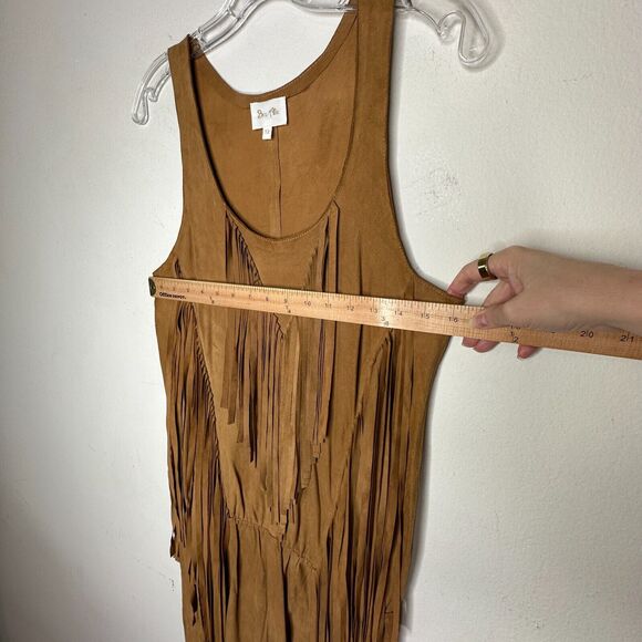 Belair Calvi Camel-Tan Goat Suede Sleeveless Fringed Scoop Neck Mini Dress T2 - Picture 14 of 16